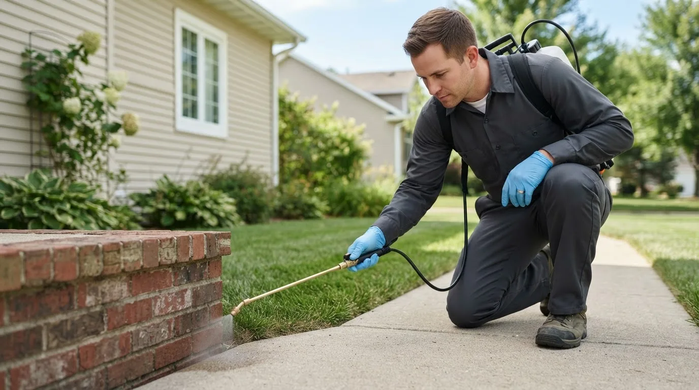 Pest control technician treating a home near Farmland, IN