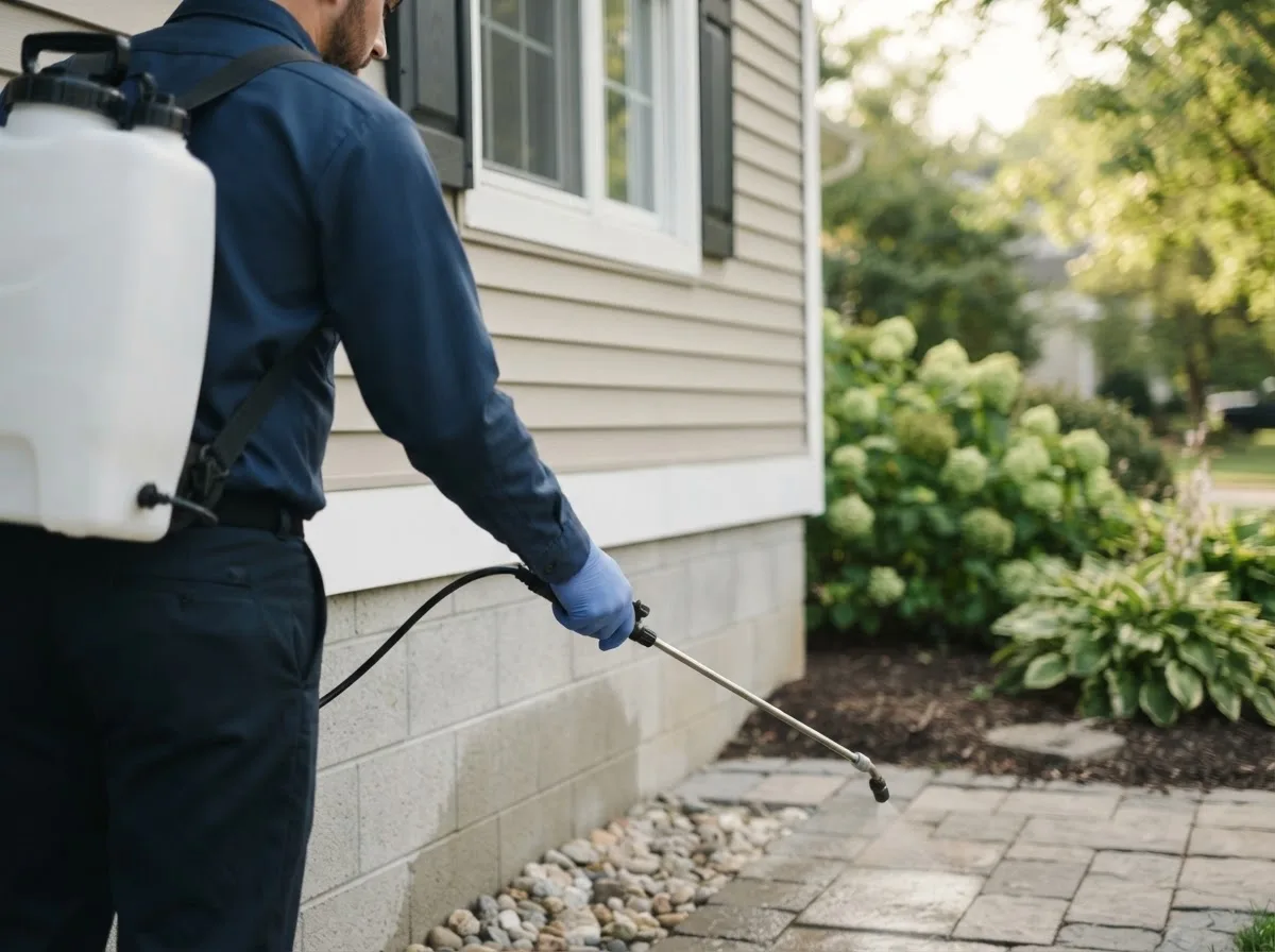 Pest control technician inspecting a home in Farmland, IN